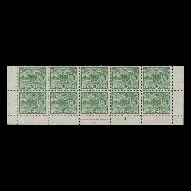 St Christopher Nevis Anguilla 1954 (MNH) 2c Warner Park plate 1 block, Waterlow