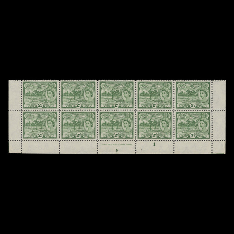 St Christopher Nevis Anguilla 1963 (MNH) 2c Warner Park plate 1 block, De La Rue