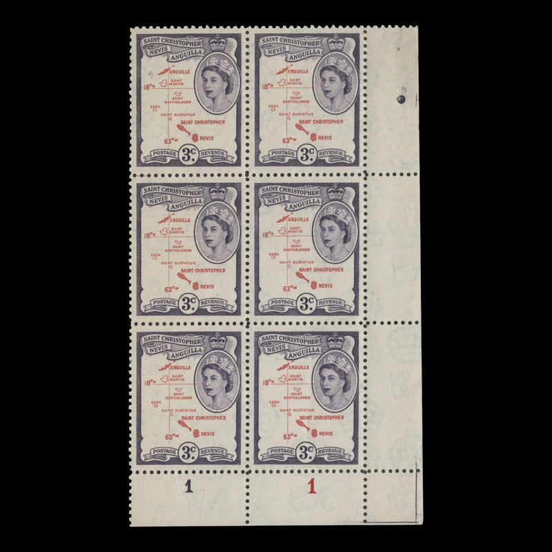 St Christopher Nevis Anguilla 1954 (MNH) 3c Map of the Islands plate 1–1 block