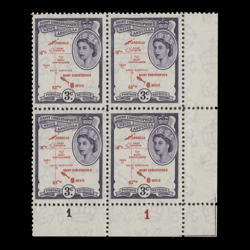 St Christopher Nevis Anguilla 1954 (MNH) 3c Map of the Islands plate 1–1 block