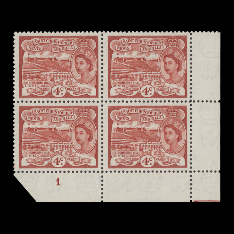 St Christopher Nevis Anguilla 1954 (MNH) 4c Brimstone Hill plate 1 block