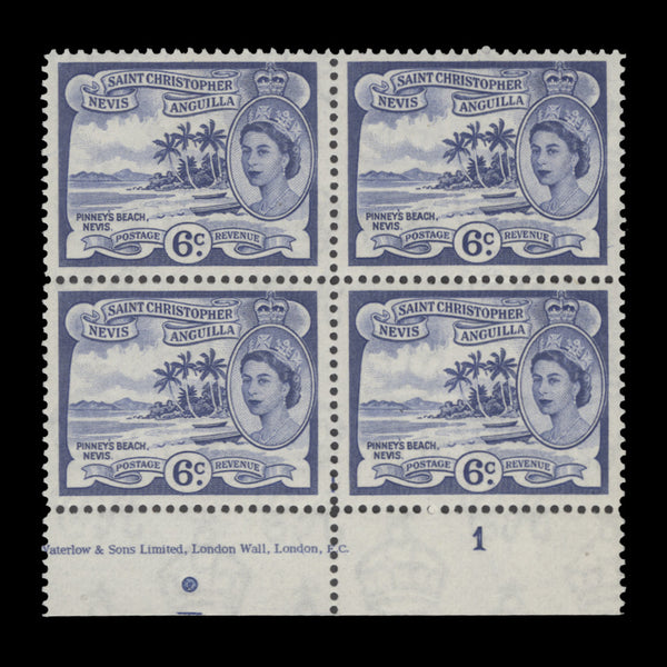 St Christopher Nevis Anguilla 1954 (MNH) 6c Pinney's Beach imprint/plate 1 block