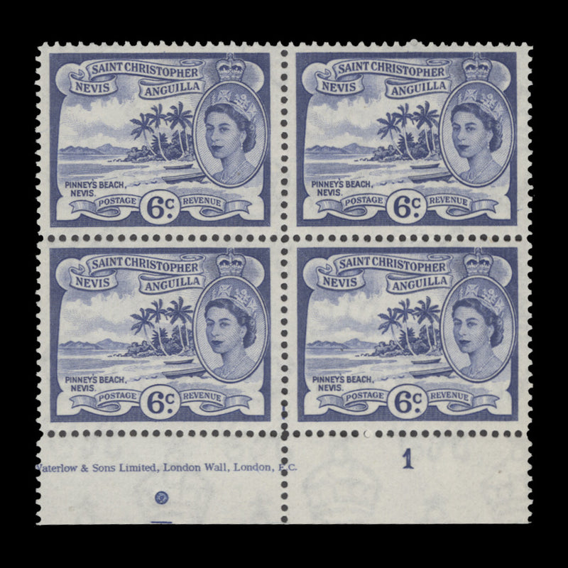 St Christopher Nevis Anguilla 1954 (MNH) 6c Pinney's Beach imprint/plate 1 block