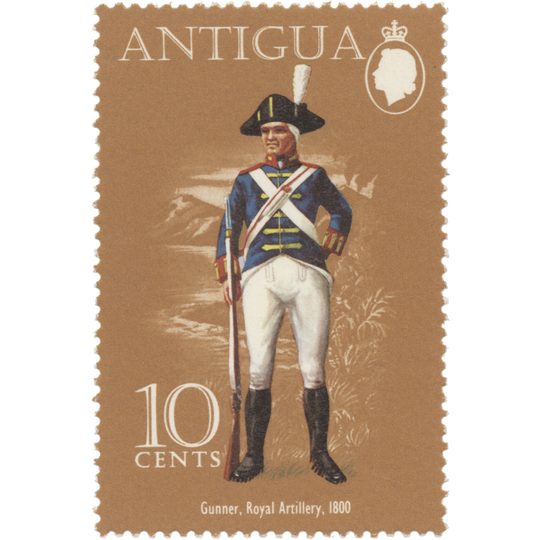 Antigua 1974 (Variety) 10c Military Uniforms, cockerels watermark