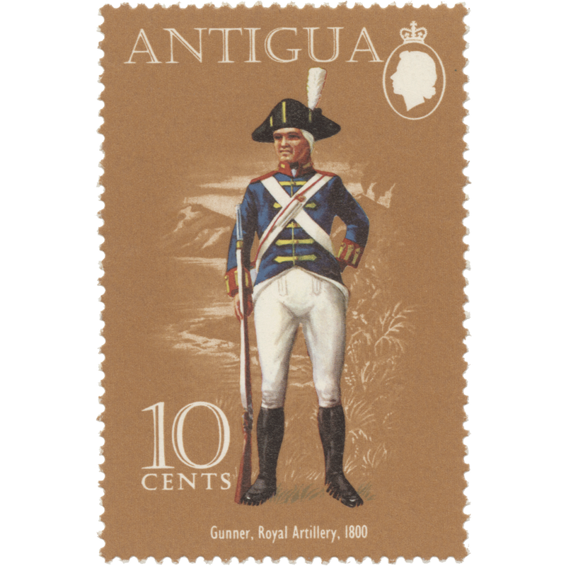 Antigua 1974 (Variety) 10c Military Uniforms, cockerels watermark