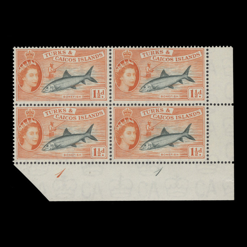 Turks & Caicos Islands 1957 (MNH) 1½d Bonefish plate 1–1 block