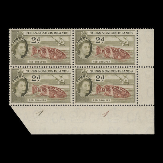 Turks & Caicos Islands 1957 (MNH) 2d Red Grouper plate 1–1 block