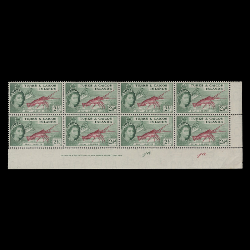 Turks & Caicos Islands 1957 (MNH) 2½d Spiny Lobster plate 1a–1a block