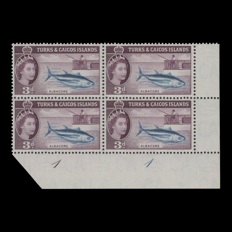 Turks & Caicos Islands 1957 (MNH) 3d Albacore plate 1–1 block