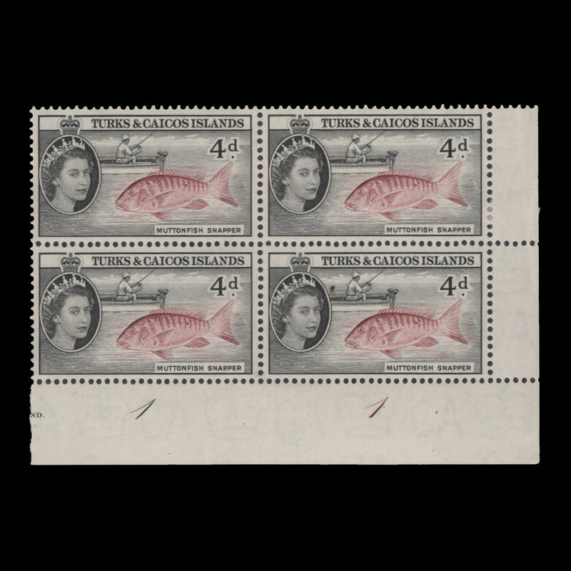 Turks & Caicos Islands 1957 (MNH) 4d Muttonfish Snapper plate 1–1 block