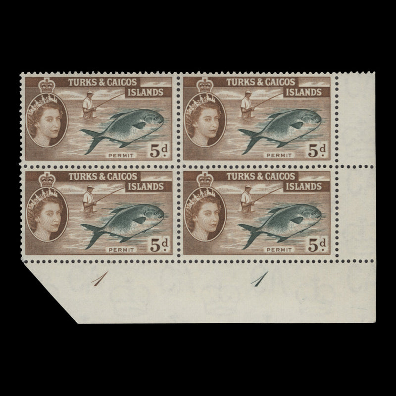 Turks & Caicos Islands 1957 (MNH) 5d Permit plate 1–1 block