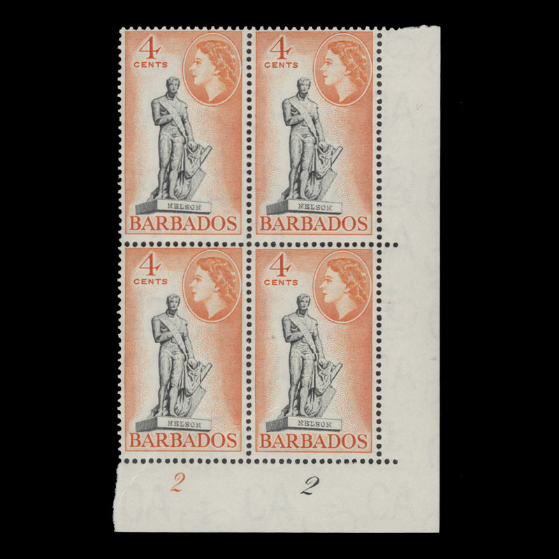 Barbados 1954 (MNH) 4c Statue of Nelson plate 2–2 block