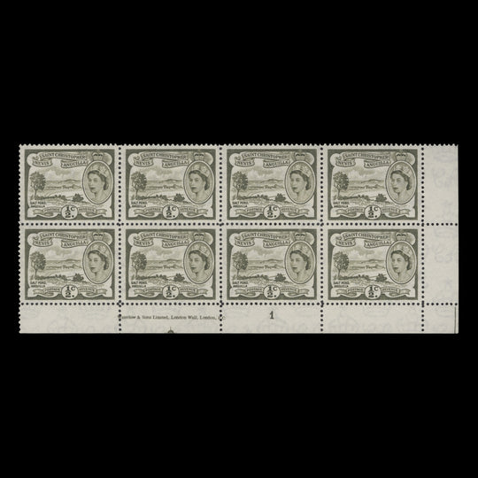 St Christopher Nevis Anguilla 1956 (MNH) ½c Salt Pond plate 1 block, Waterlow