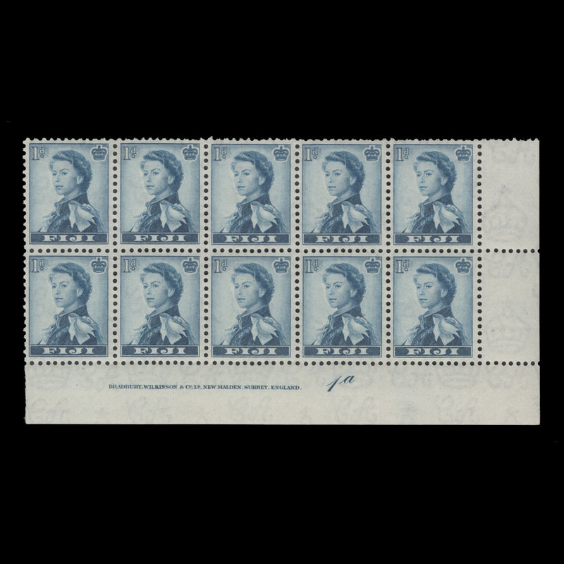 Fiji 1956 (MNH) 1d Queen Elizabeth II imprint/plate 1a block