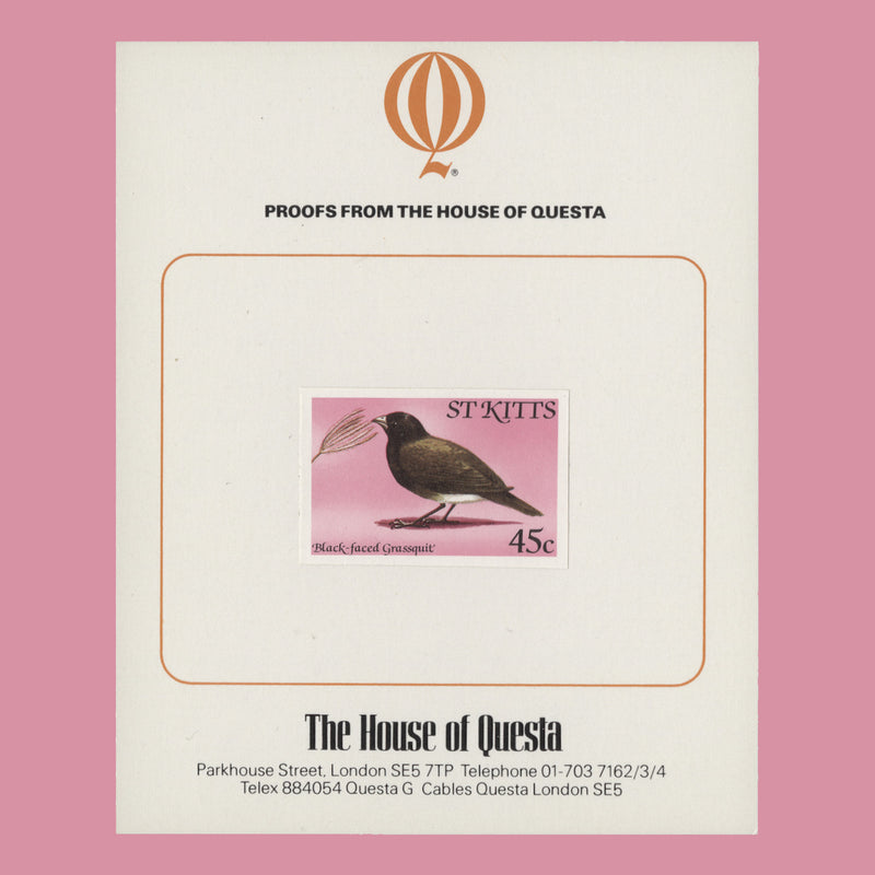 Saint Kitts 1981 (Proof) 45c Black-Faced Grassquit imperf single on presentation card