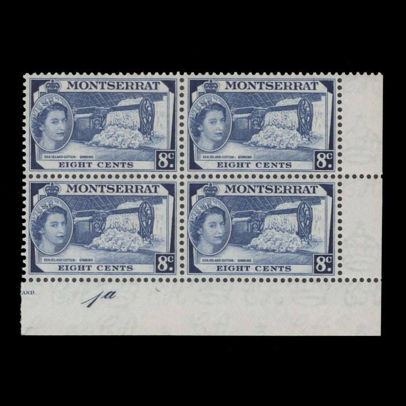 Montserrat 1955 (MNH) 8c Sea Island Cotton Ginning plate 1a block