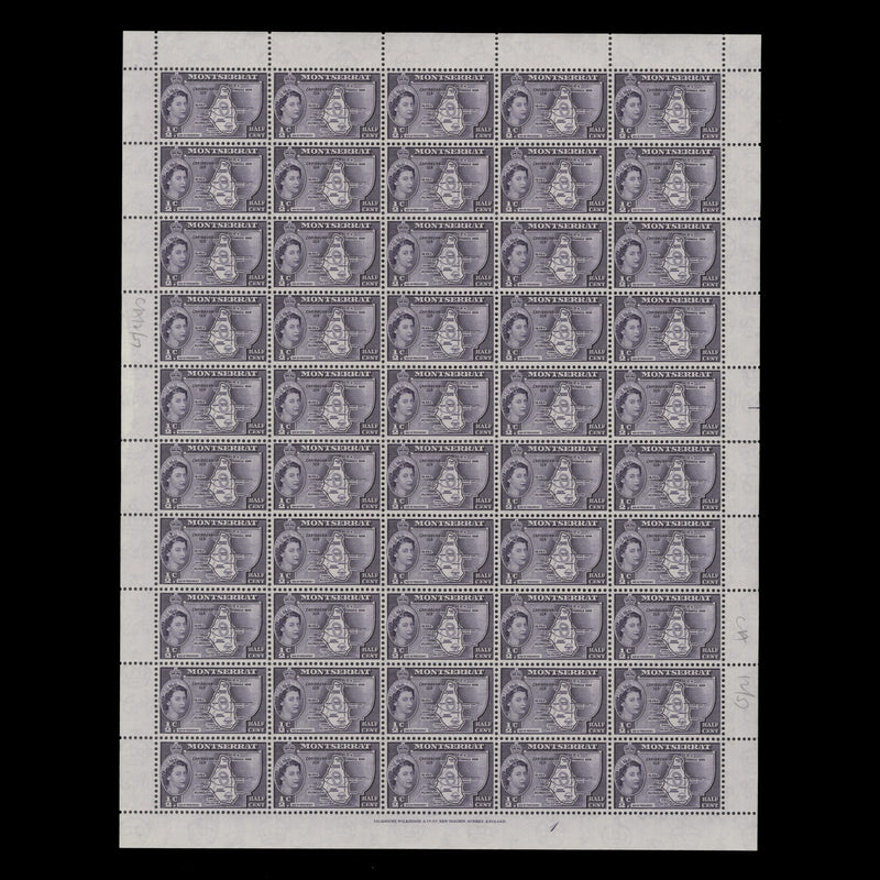 Montserrat 1956 (MNH) ½c Map of the Presidency pane of 50 stamps