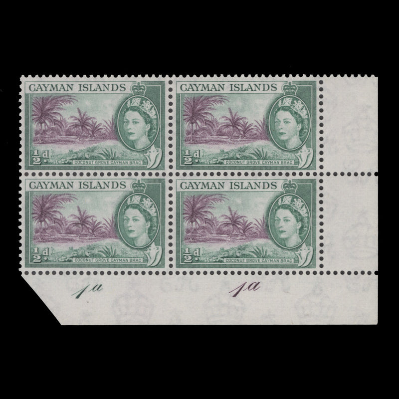 Cayman Islands 1954 (MNH) ½d Coconut Grove plate 1a–1a block