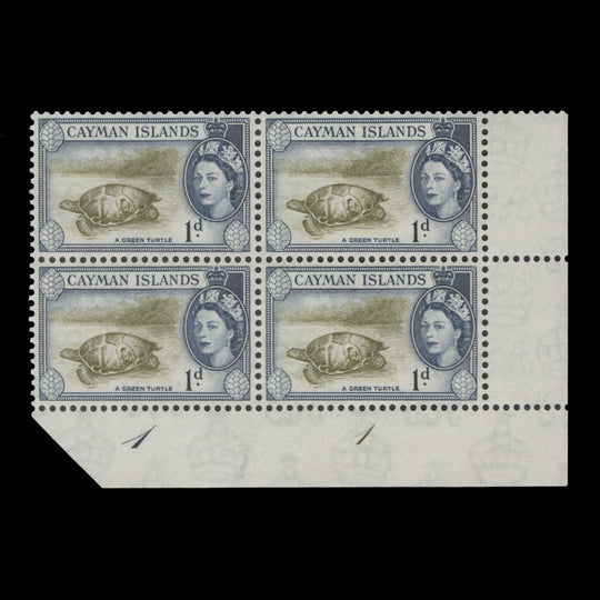 Cayman Islands 1954 (MNH) 1d Green Turtle plate 1–1 block