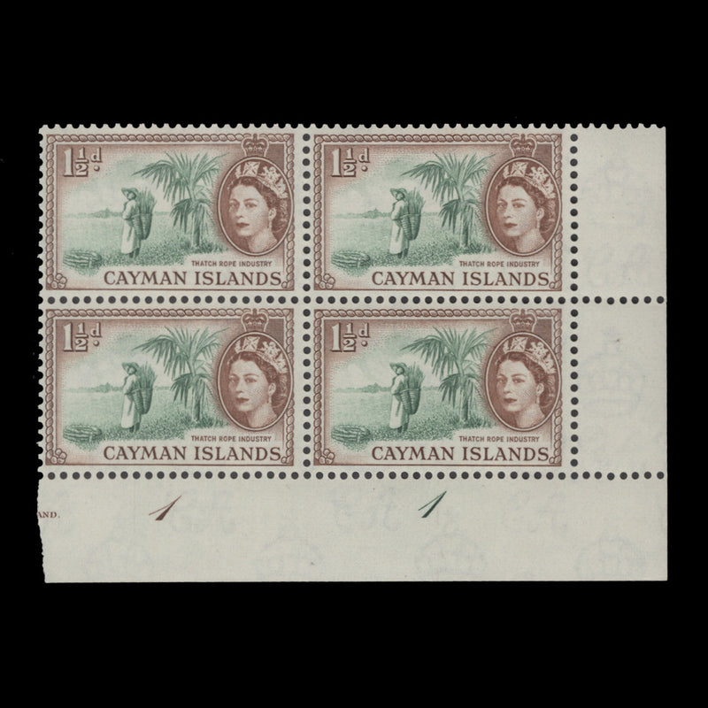 Cayman Islands 1954 (MNH) 1½d Thatch Rope Industry plate 1–1 block