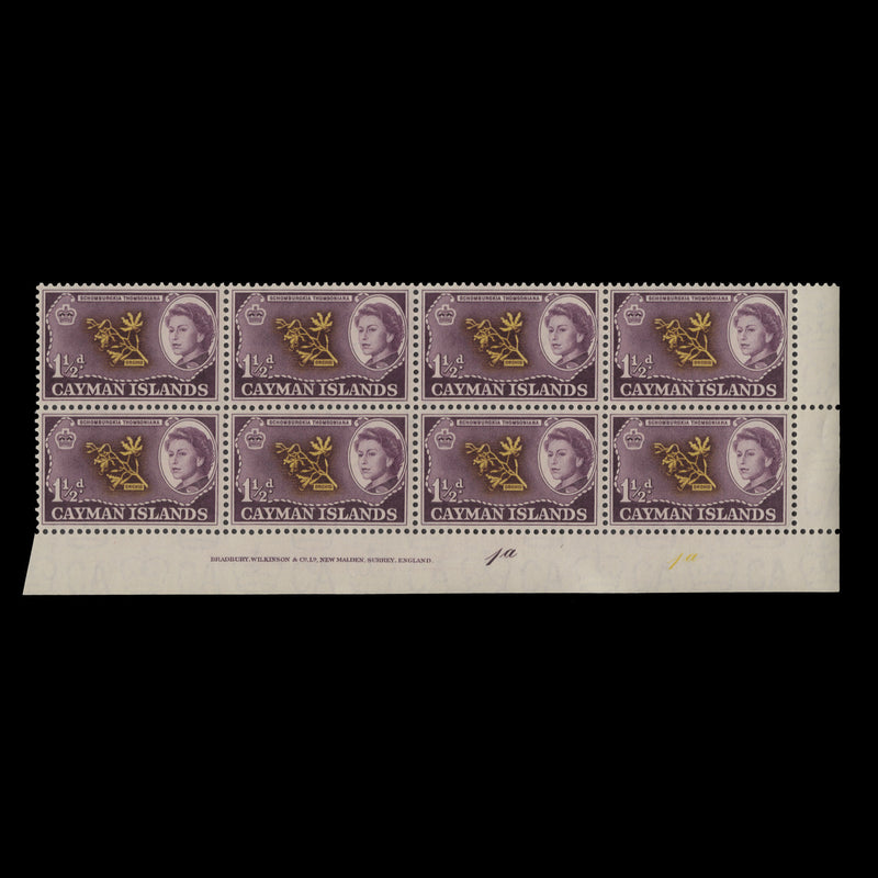 Cayman Islands 1962 (MNH) 1½d Orchid imprint/plate 1a–1a block