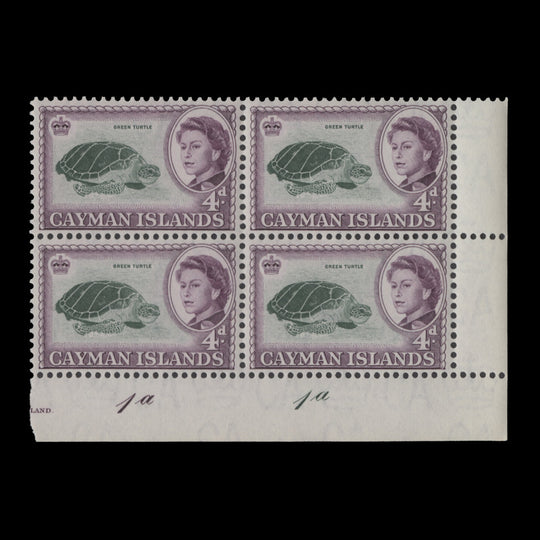 Cayman Islands 1962 (MNH) 4d Green Turtle plate 1a–1a block