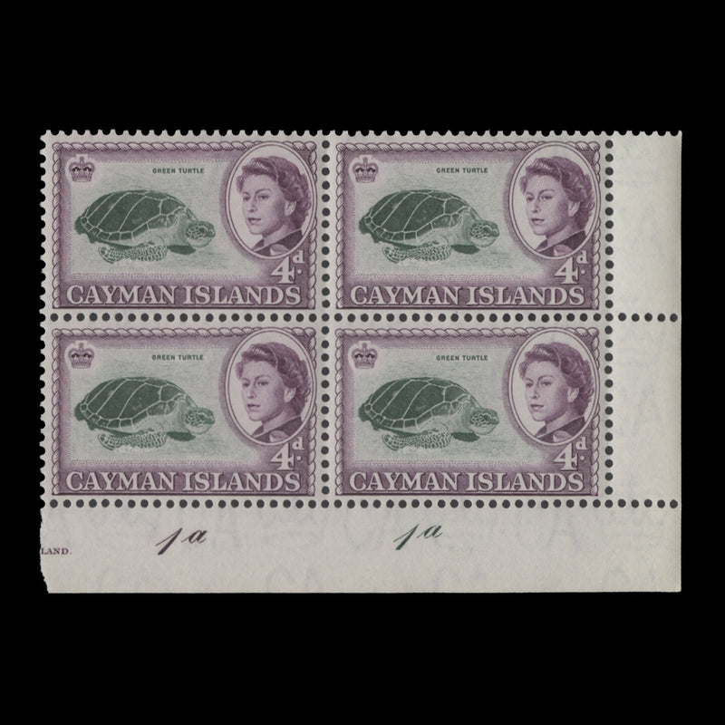 Cayman Islands 1962 (MNH) 4d Green Turtle plate 1a–1a block