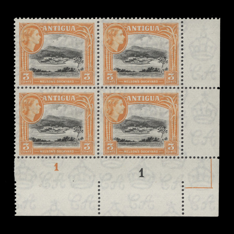 Antigua 1961 (MNH) 3c Nelson's Dockyard plate 1–1 block, De La Rue