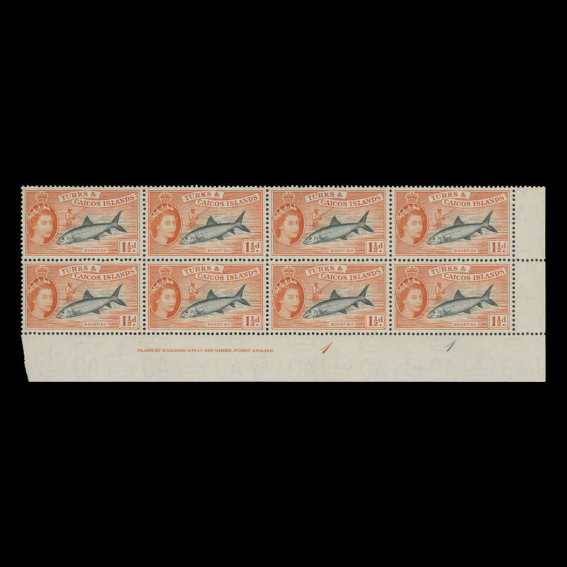 Turks & Caicos Islands 1957 (MNH) 1½d Bonefish imprint/plate 1–1 block
