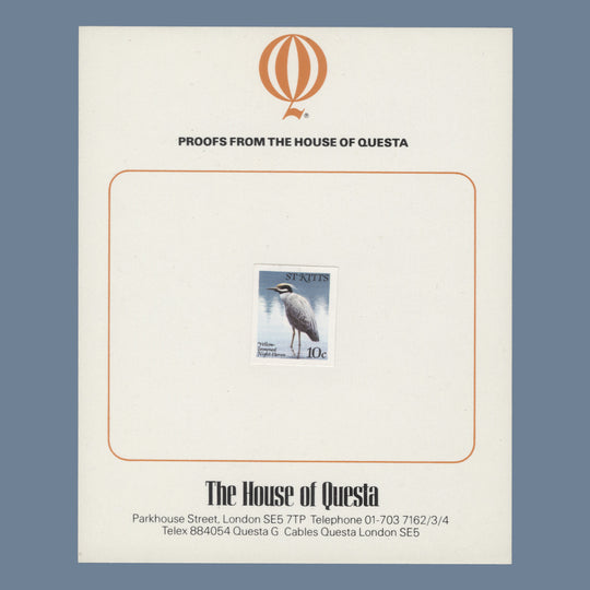 Saint Kitts 1981 (Proof) 10c Yellow-Crowned Night Heron imperf single on presentation card