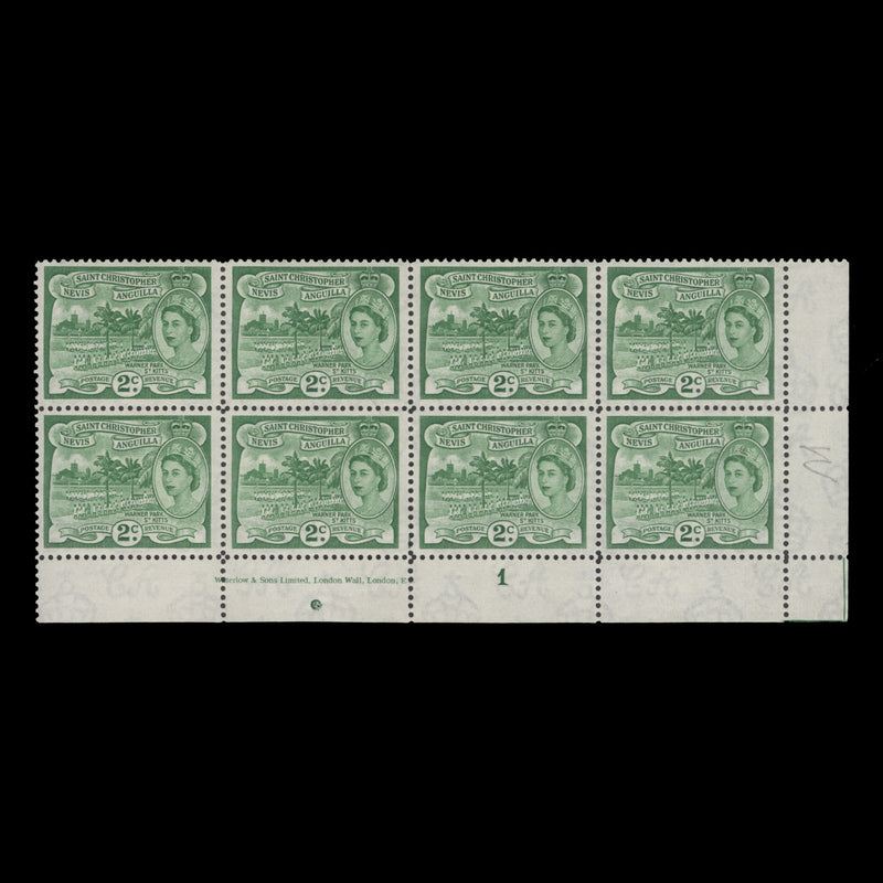 St Christopher Nevis Anguilla 1954 (MNH) 2c Warner Park plate 1 block, Waterlow