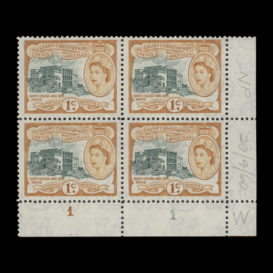 St Christopher Nevis Anguilla 1960 (MNH) 1c Bath House & Spa plate 1–1 block