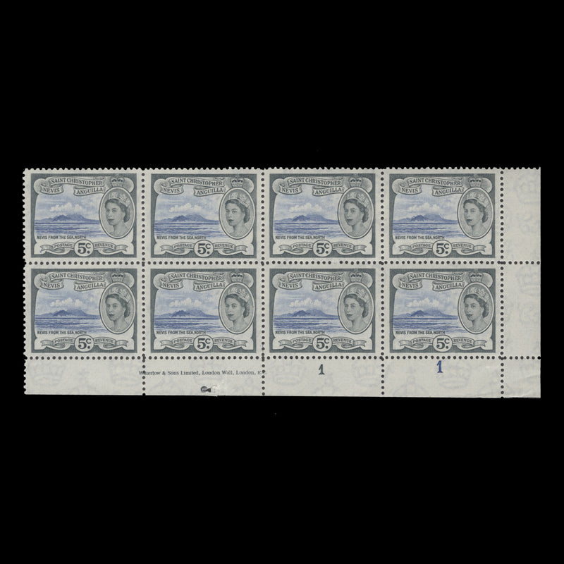 St Christopher Nevis Anguilla 1954 (MNH) 5c Nevis from the Sea imprint/plate 1–1 block