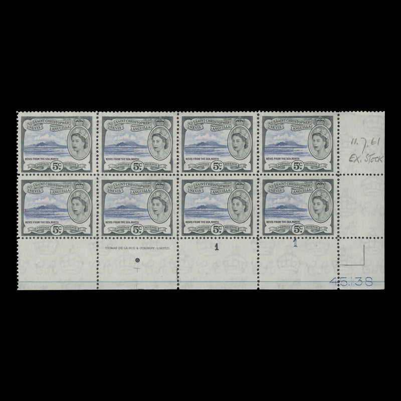St Christopher Nevis Anguilla 1961 (MNH) 5c Nevis from the Sea imprint/plate 1–1 block