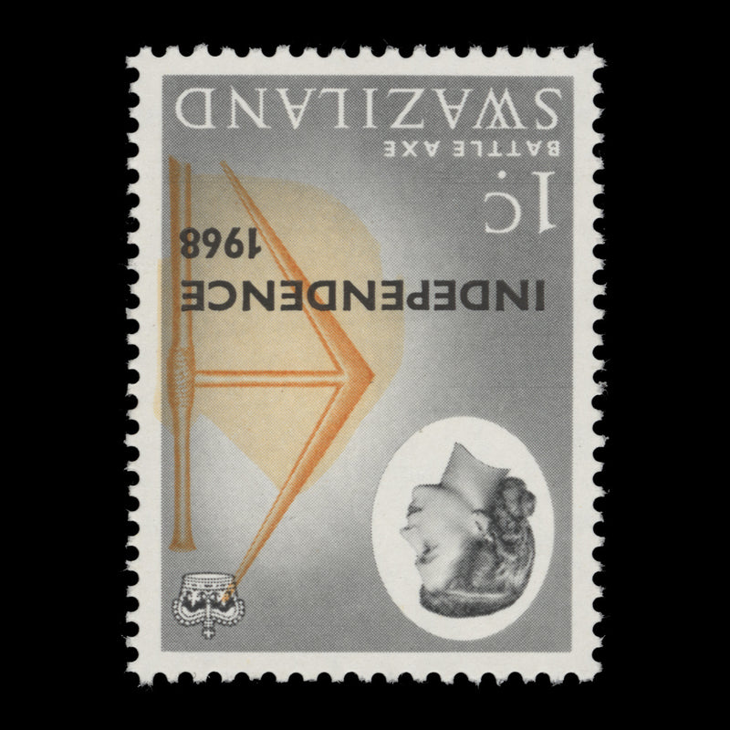 Swaziland 1968 (Variety) 1c Battle Axe with inverted watermark and yellow-orange shift