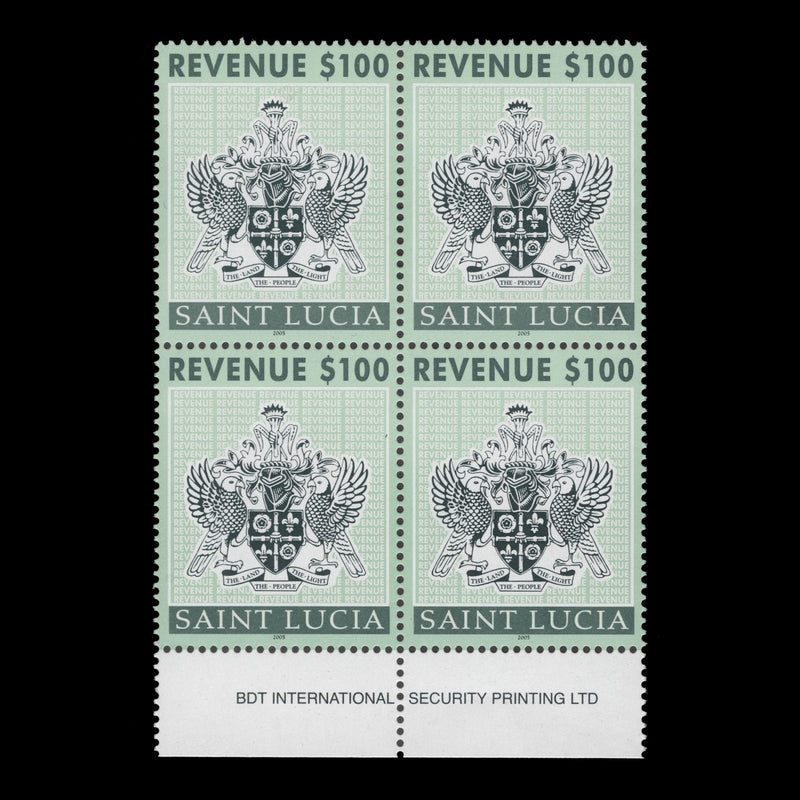 Saint Lucia 2005 (MNH) $100 Arms Revenue imprint block