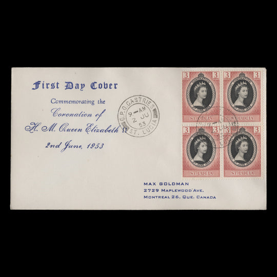 Saint Lucia 1953 (FDC) 3c Coronation block, CASTRIES