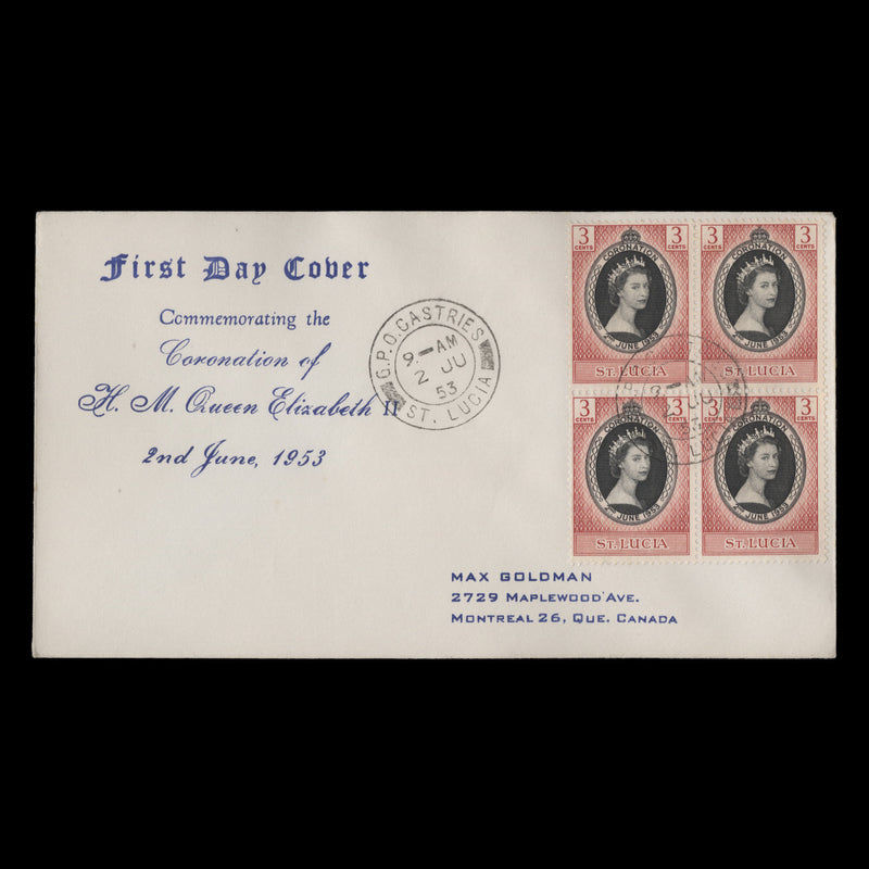 Saint Lucia 1953 (FDC) 3c Coronation block, CASTRIES