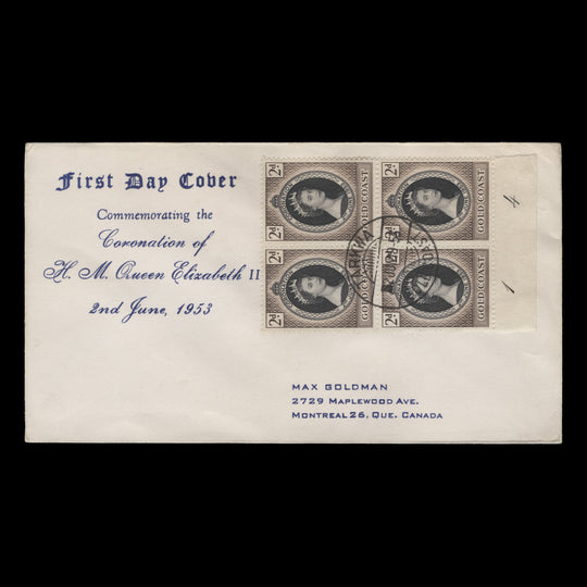 Gold Coast 1953 (FDC) 2d Coronation plate 1–4 block, TARKWA