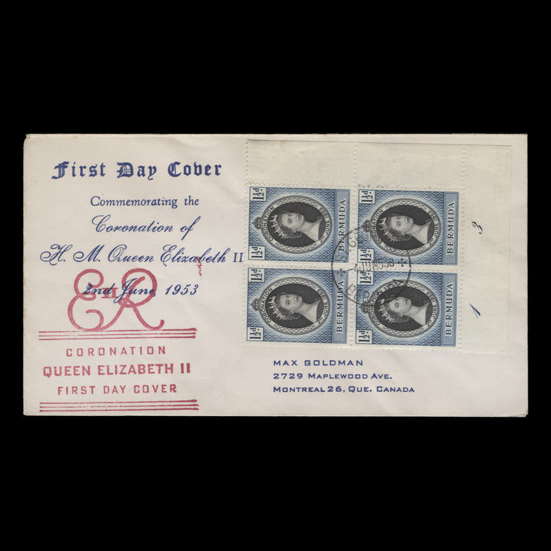 Bermuda 1953 (FDC) 1½d Coronation plate 1–3 block, ST GEORGES