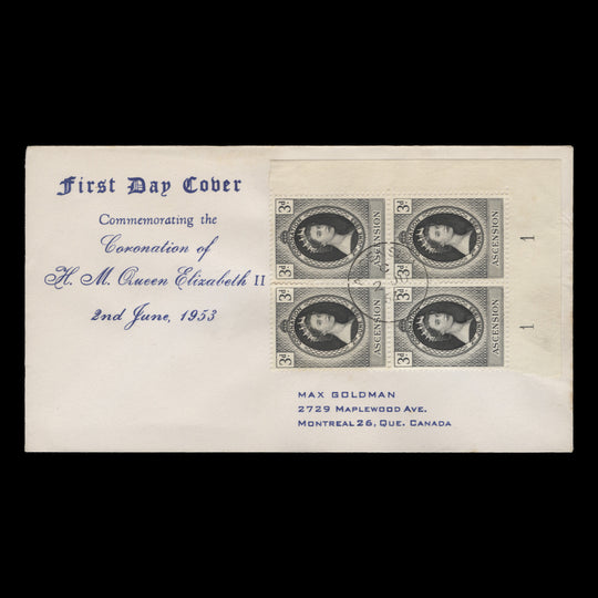 Ascension 1953 (FDC) 3d Coronation plate 1–1 block