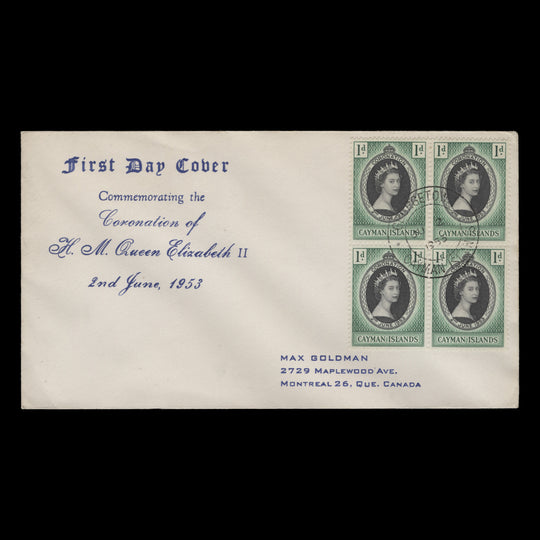 Cayman Islands 1953 (FDC) 1d Coronation block, GEORGETOWN