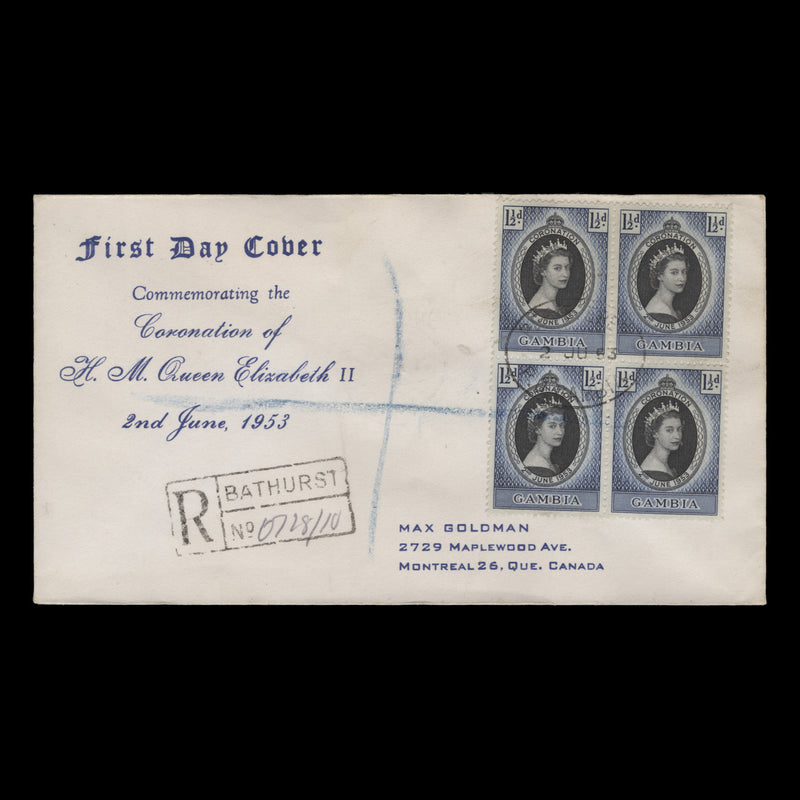 Gambia 1953 (FDC) 1½d Coronation block, REGISTERED