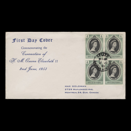 British Honduras 1953 (FDC) 4c Coronation block, BELIZE