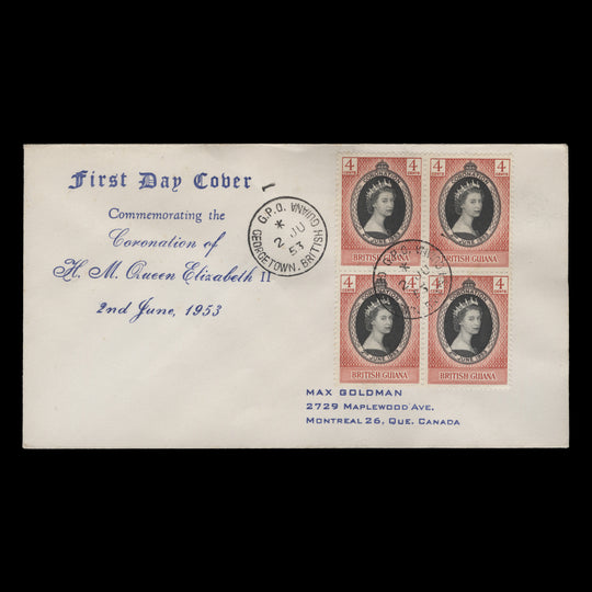 British Guiana 1953 (FDC) 4c Coronation block, GEORGETOWN