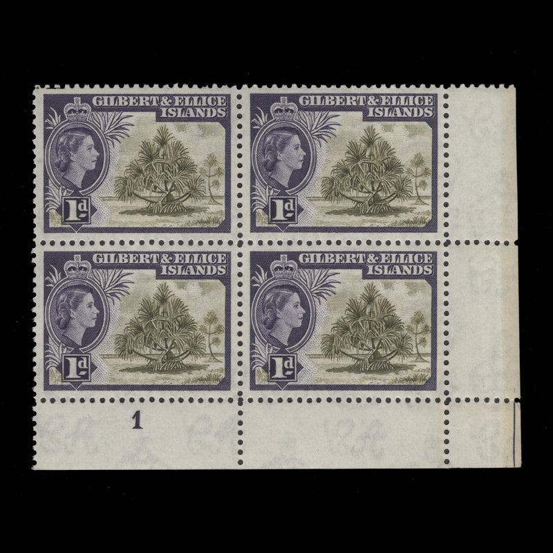 Gilbert & Ellice Islands 1956 (MNH) 1d Pandanus Pine plate 1 block