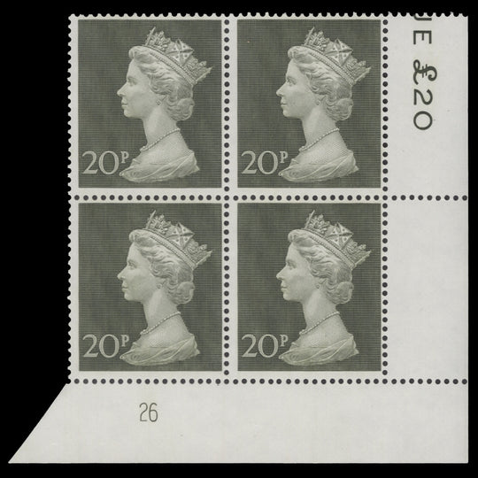 Great Britain 1970 (MNH) 20p Olive-Green plate 26 block