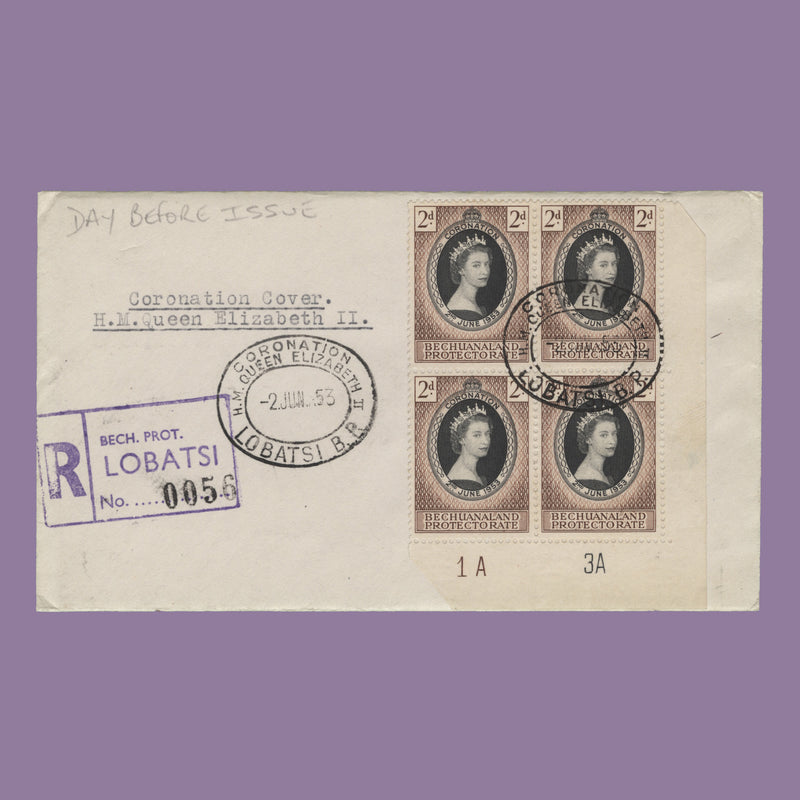 Bechuanaland 1953 2d Coronation plate 1A–3A block on pre-release cover
