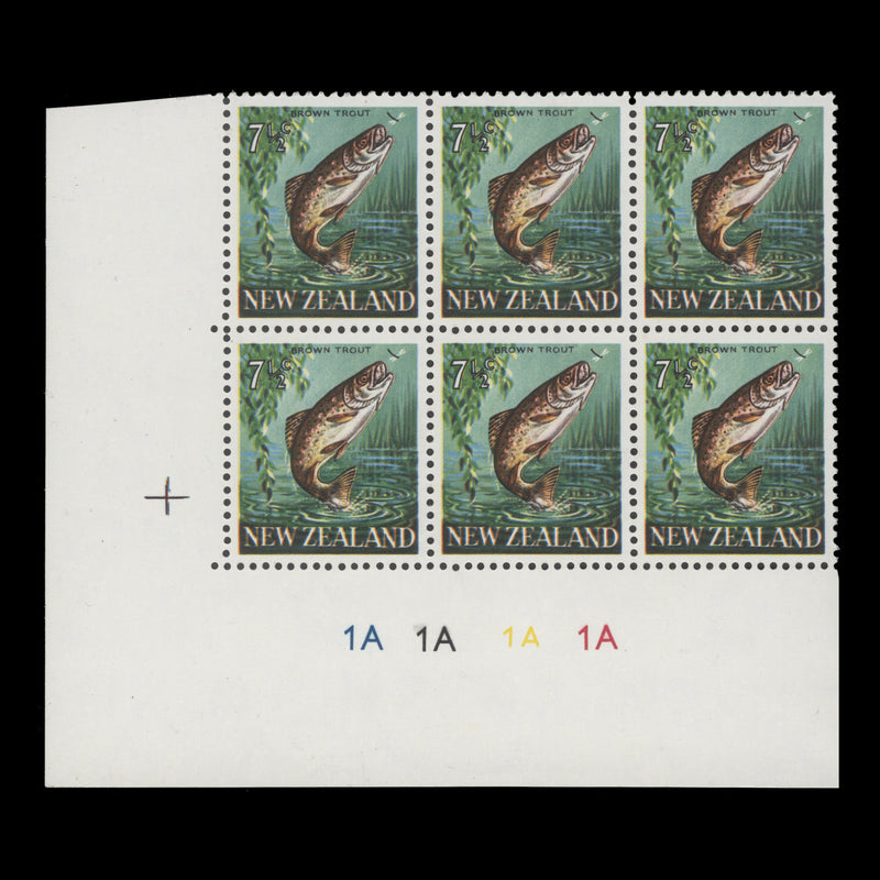 New Zealand 1968 (MNH) 7½c Brown Trout plate block with upright watermark