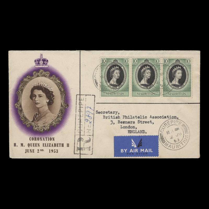 Mauritius 1953 (FDC) 10c Coronation strip, CUREPIPE